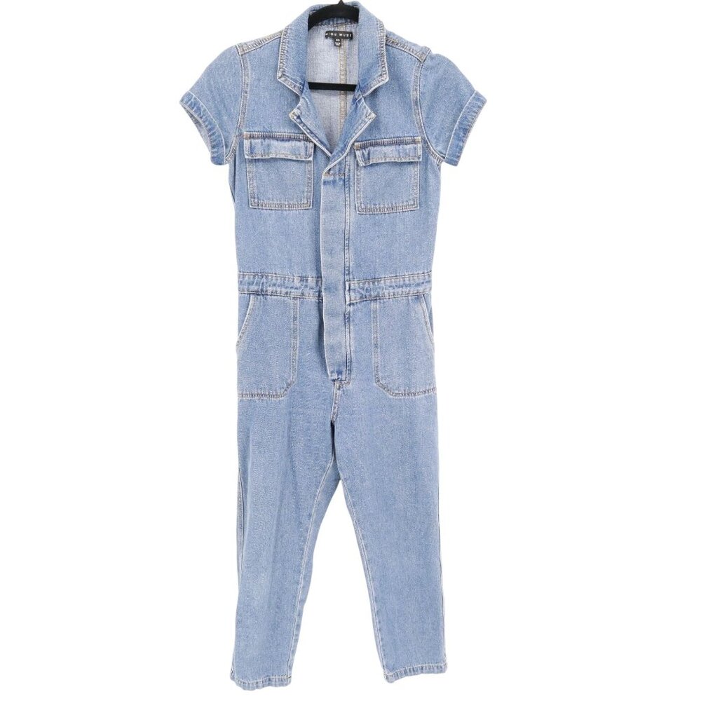 Miou Muse Utility Denim Jumpsuit Women XS Blue Boho Rugged Hippie Weekend Casual